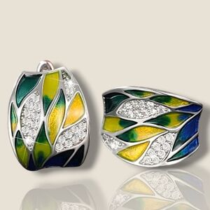 Colorful Hand Painted Boho Enamel Silver Plated Latch Back Huggie Earrings .8" L